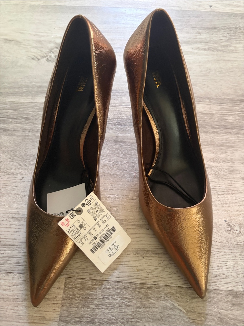 Zara Metallic Bronze Pointed-Toe Heels